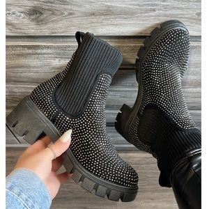 NWT!! Black, Rhinestone Knit Combat Boot